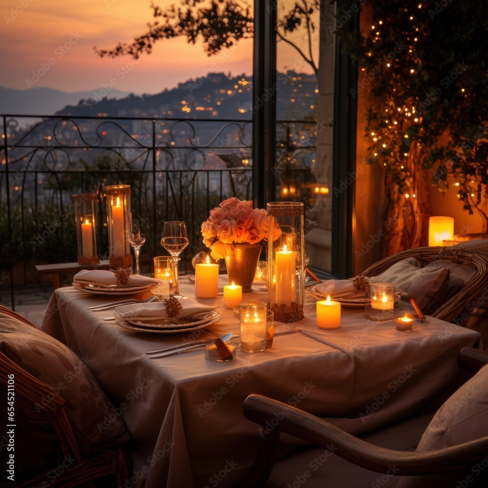 Candlelit dinner. romantic, intimate, cozy, elegant, sophisticated