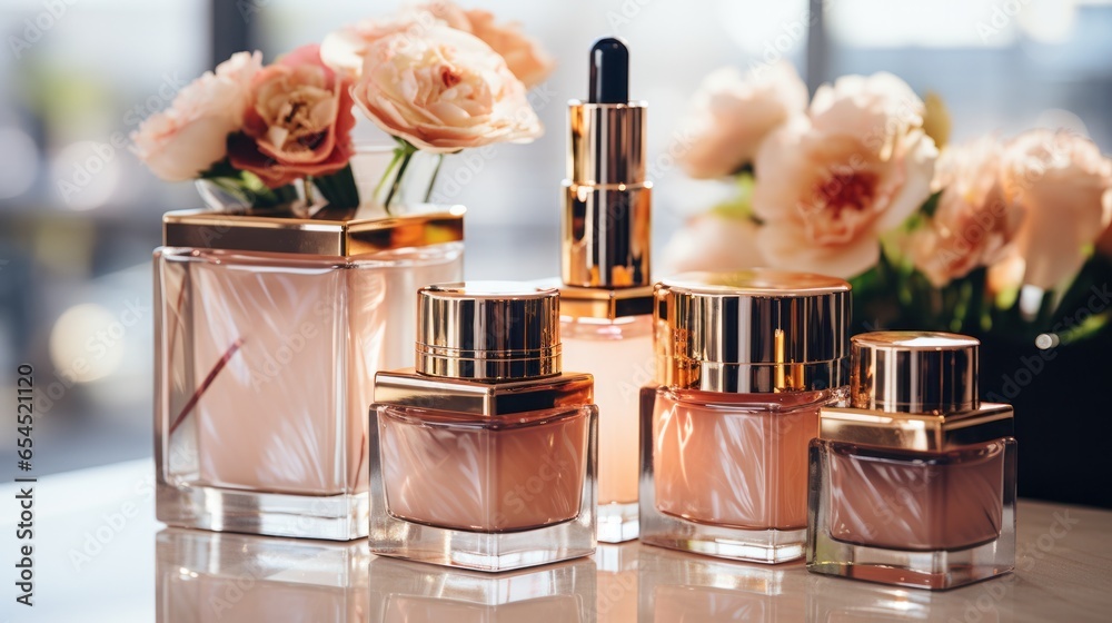 Rose gold cosmetic bottles and jars - Luxury beauty products