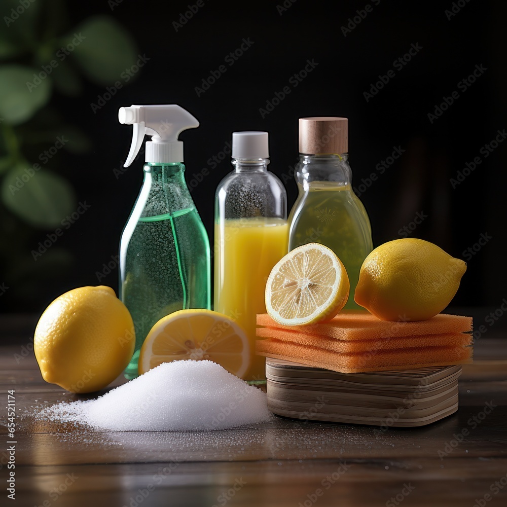 Spray bottle and sponge cleaning supplies