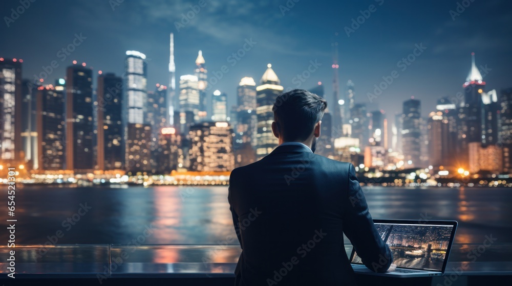 Businessman with laptop and city skyline backdrop