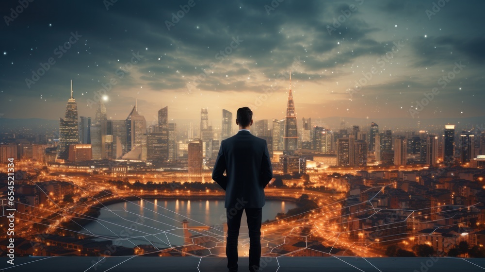 Businessman with laptop and city skyline backdrop