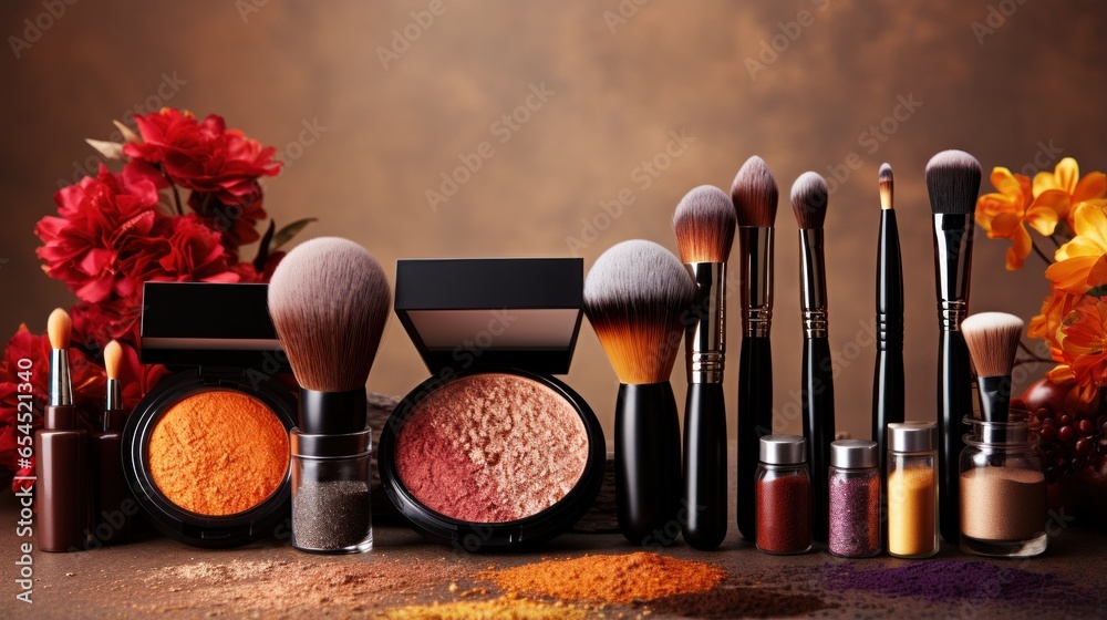 Collection of makeup products and brushes - Glamorous beauty essentials