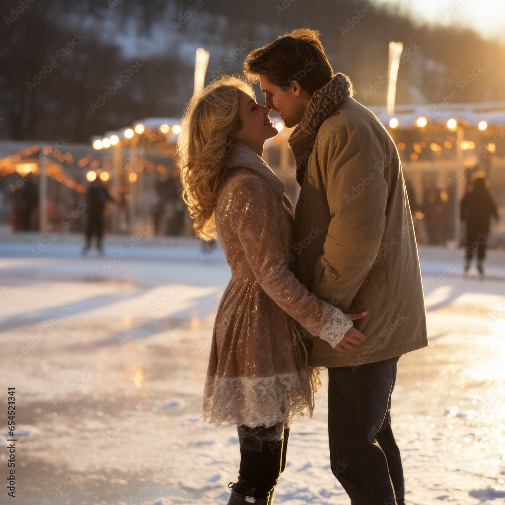 Ice skating. playful, romantic, exhilarating, fun, wintery