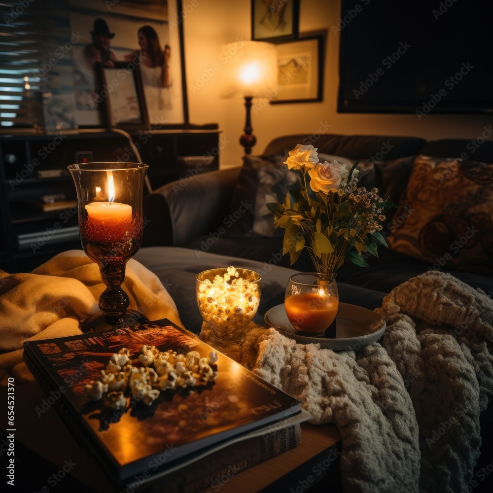 Movie night at home. cozy, intimate, casual, comfortable, romantic