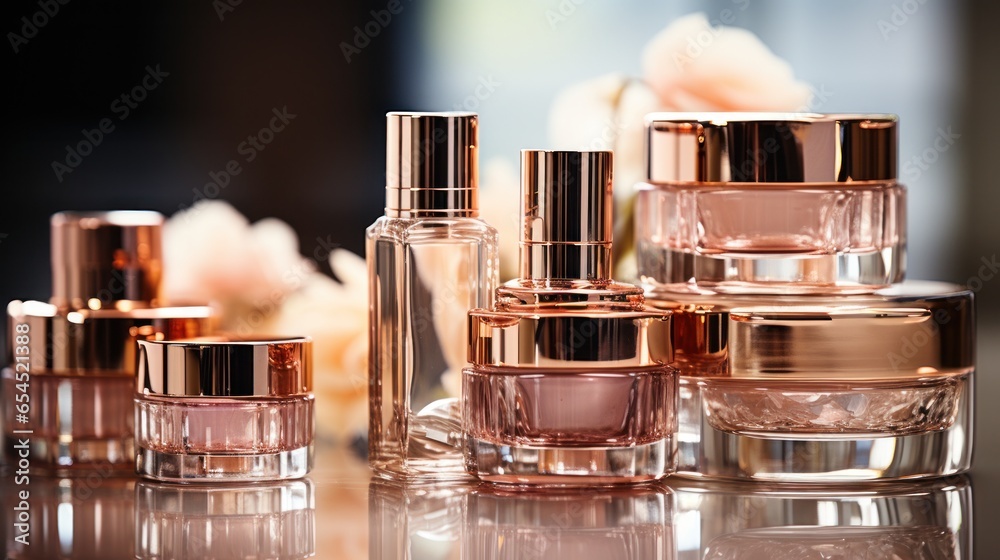 Rose gold cosmetic bottles and jars - Luxury beauty products