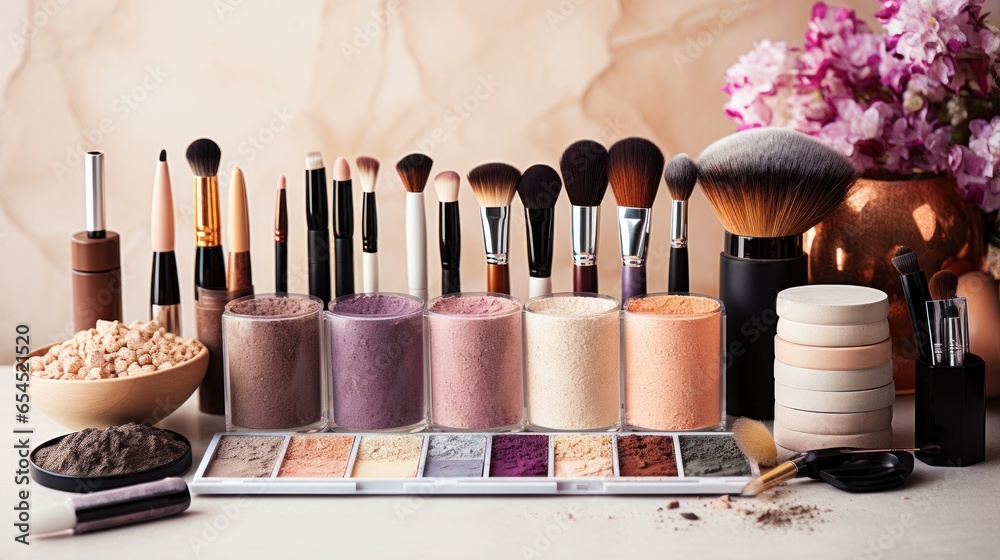 Collection of makeup products and brushes - Glamorous beauty essentials