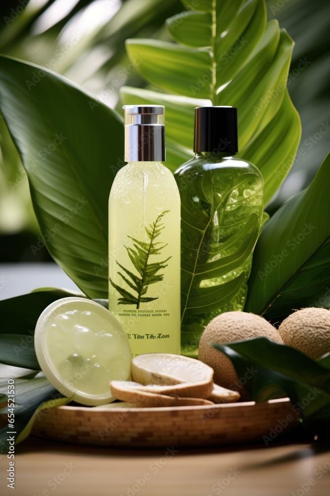 Green leaves with natural skin care products - Eco-friendly beauty