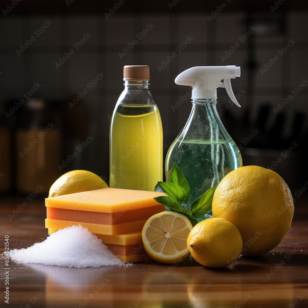 Spray bottle and sponge cleaning supplies