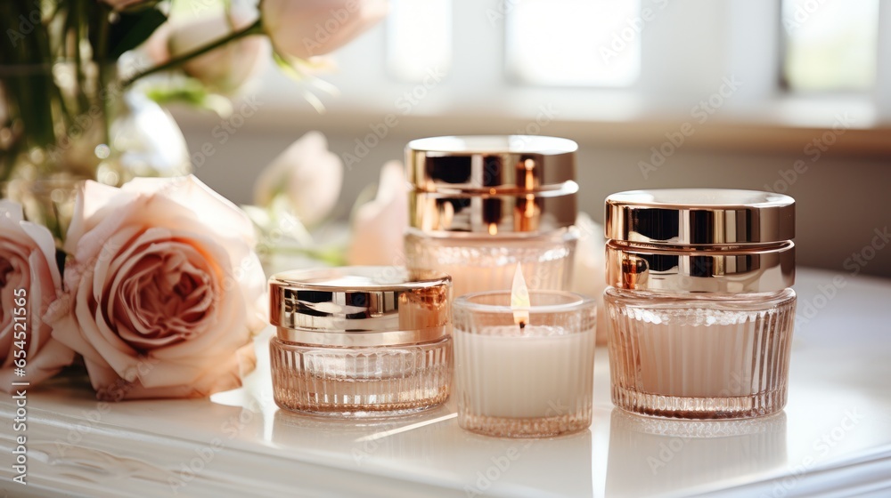 Rose gold cosmetic bottles and jars - Luxury beauty products