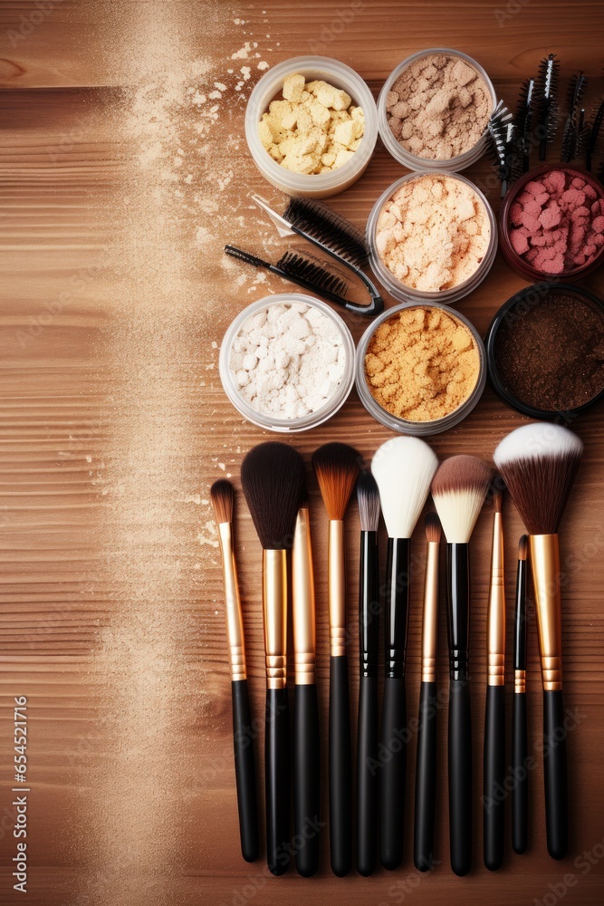 Collection of makeup products and brushes - Glamorous beauty essentials