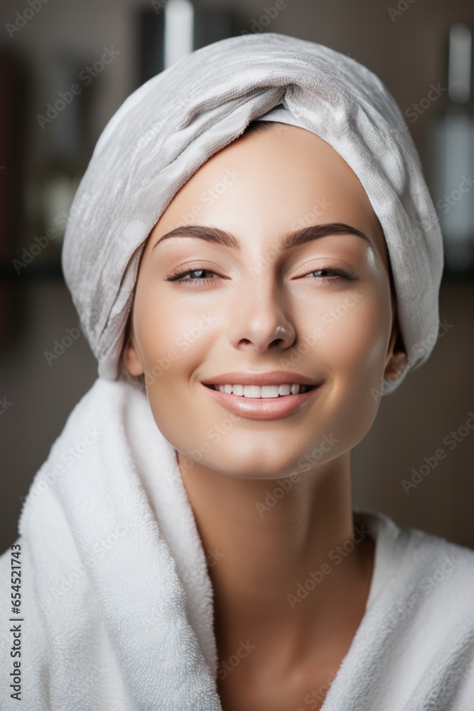 Woman with hair wrapped in towel - Hair care routine