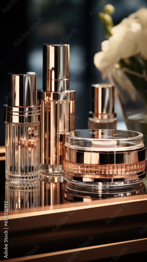 Rose gold cosmetic bottles and jars - Luxury beauty products