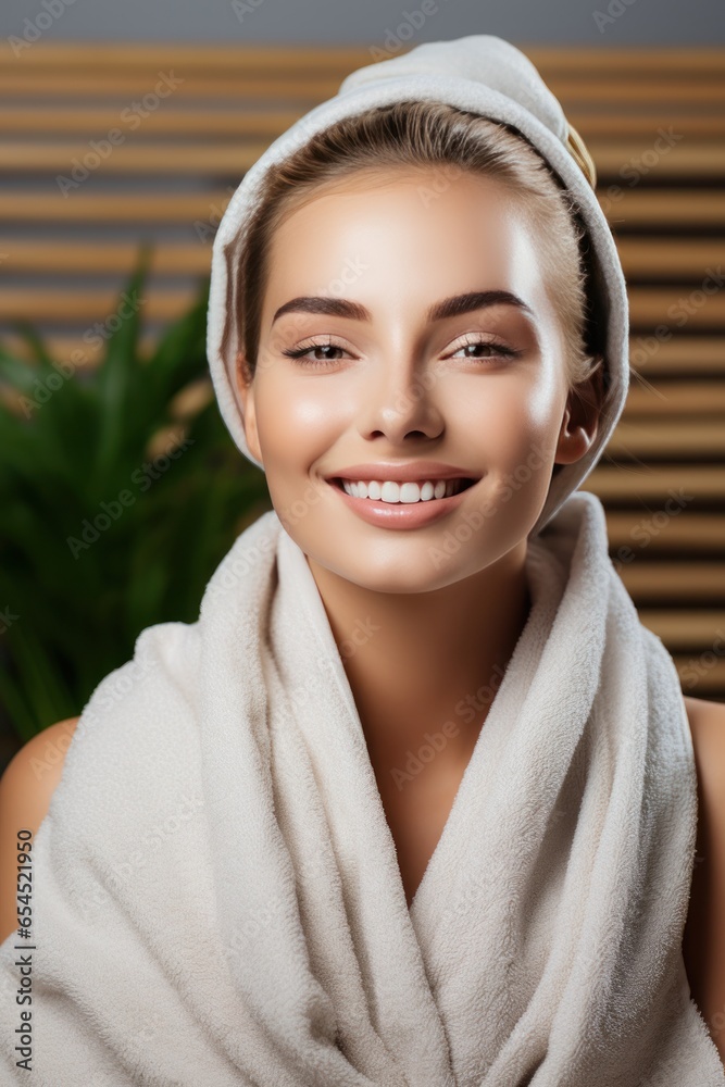 Woman with hair wrapped in towel - Hair care routine