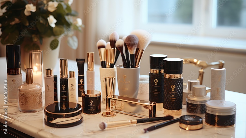 Collection of makeup products and brushes - Glamorous beauty essentials