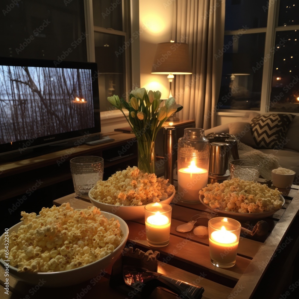 Movie night at home. cozy, intimate, casual, comfortable, romantic