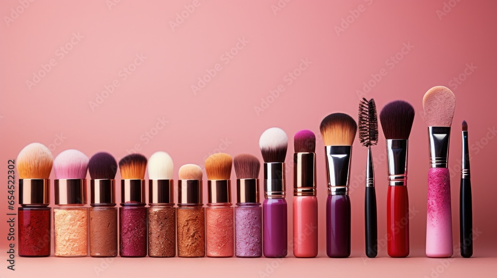 Collection of makeup products and brushes - Glamorous beauty essentials