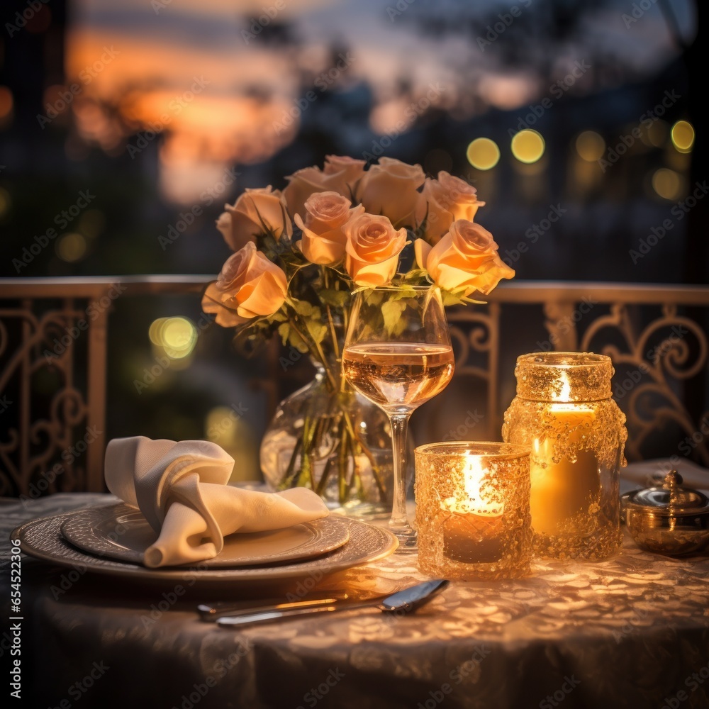 Candlelit dinner. romantic, intimate, cozy, elegant, sophisticated