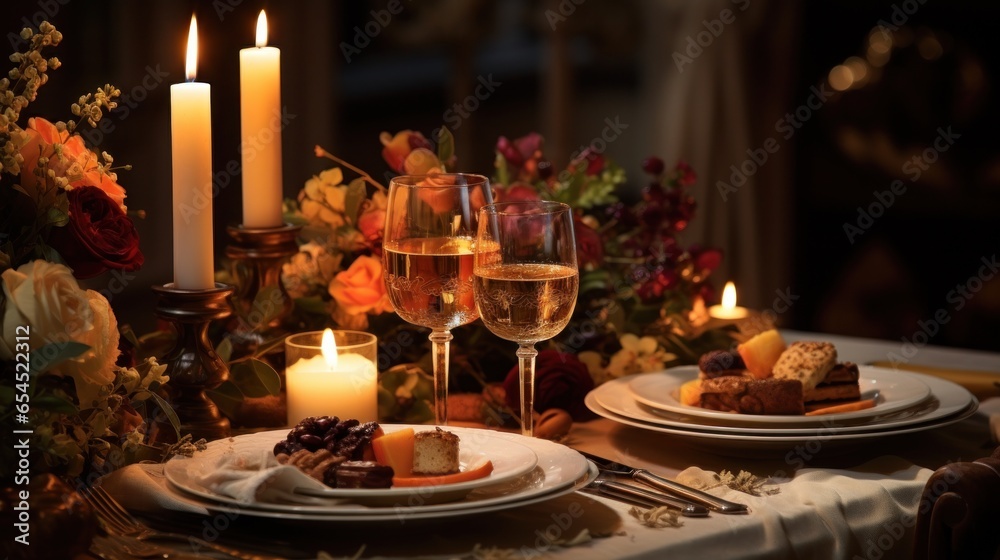 Candlelit dinner. romantic, intimate, cozy, elegant, sophisticated