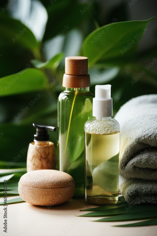 Green leaves with natural skin care products - Eco-friendly beauty