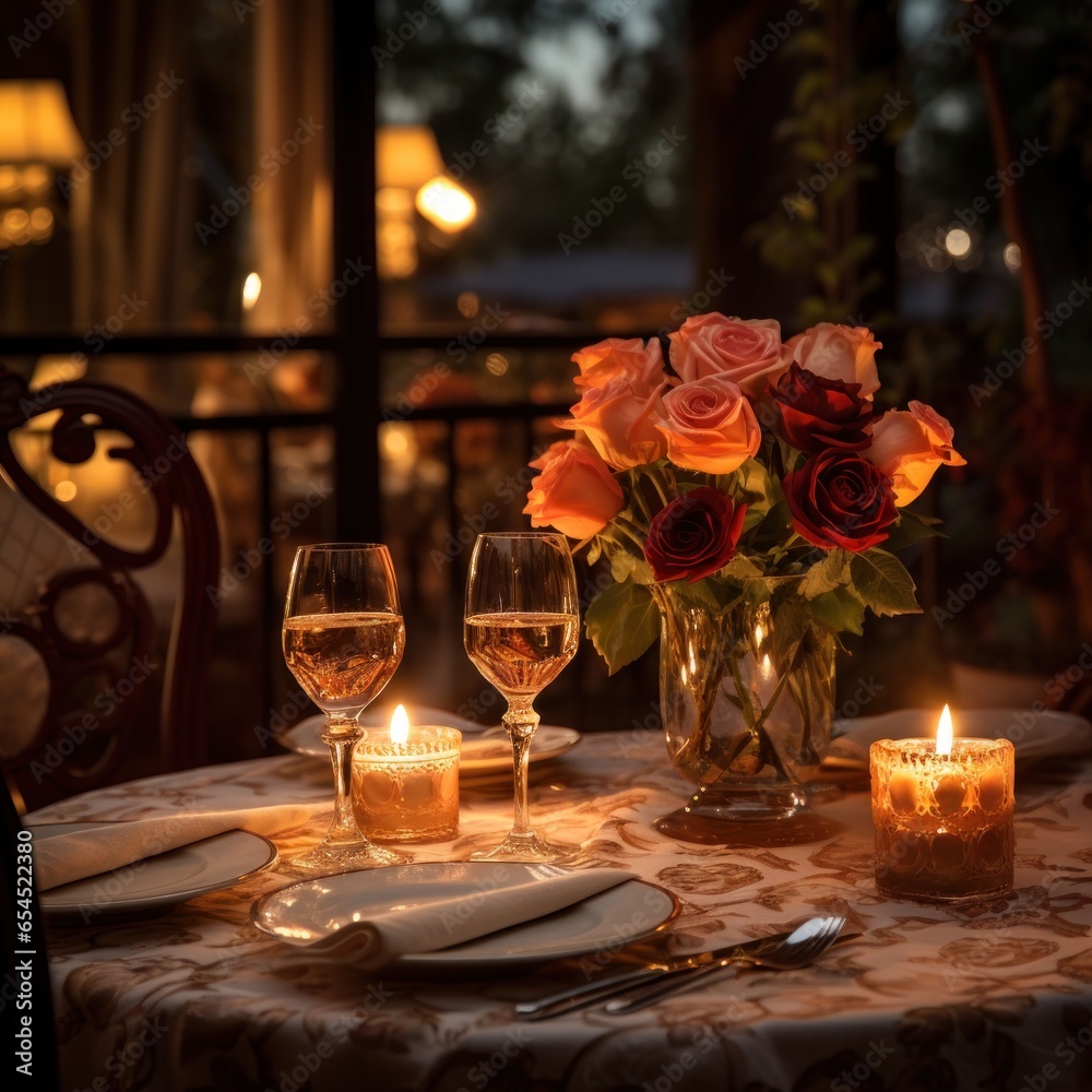 Candlelit dinner. romantic, intimate, cozy, elegant, sophisticated