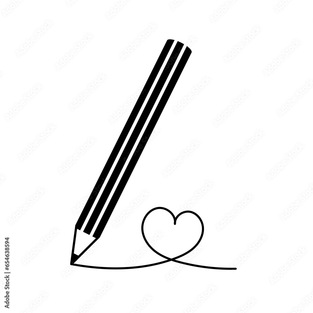 Pencil draws heart. Vector illustration. Pencil icon. Black and white linear drawing of hand drawn shape of heart. Concept of declaration of love. Valentines Day greeting card design.