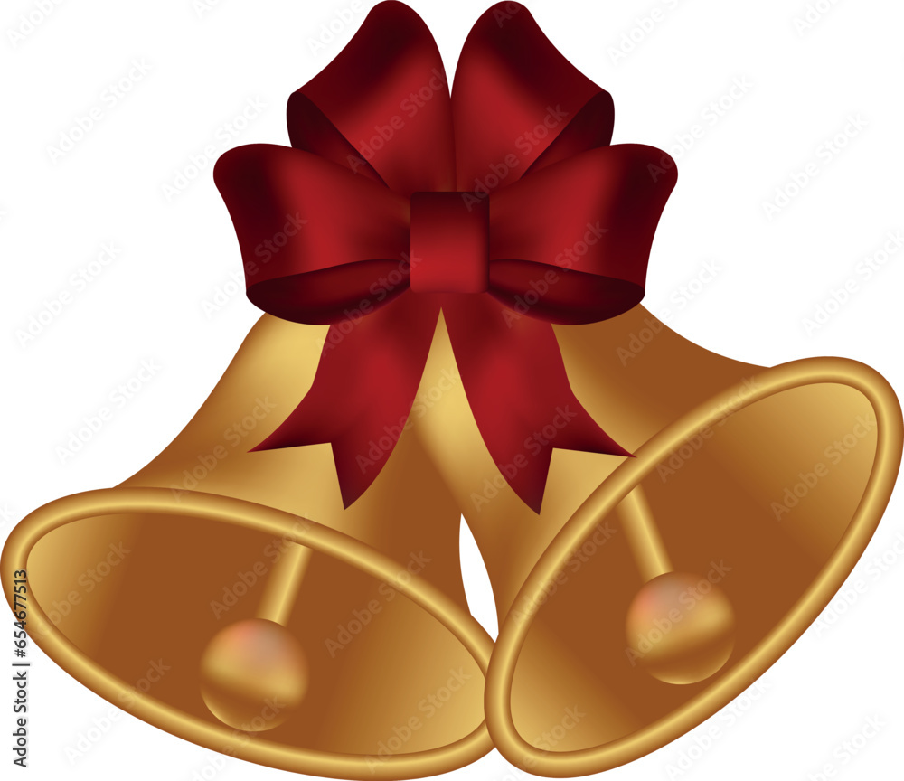 Christmas golden bells with red bow on transparent background