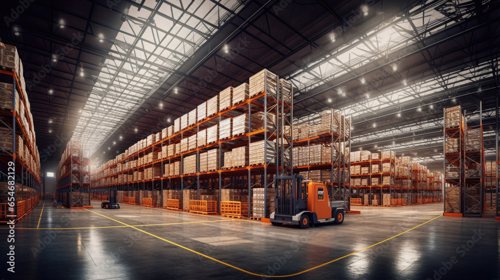 Panorama of huge distribution warehouse with high shelves with forklift at large warehouse. Generative Ai