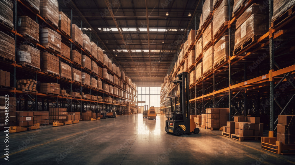 Panorama of huge distribution warehouse with high shelves with forklift at large warehouse. Generative Ai