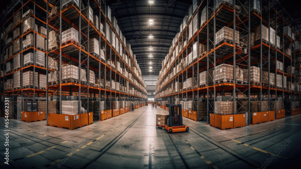 Panorama of huge distribution warehouse with high shelves with forklift at large warehouse. Generative Ai