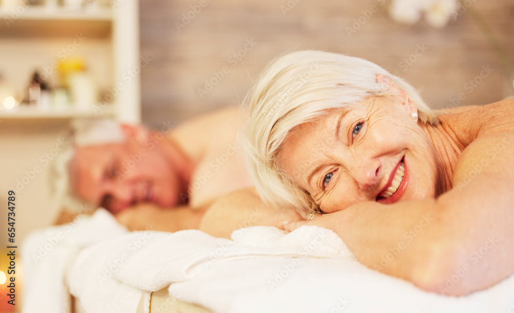 Relax, portrait and senior couple at a spa for health, wellness and back massage treatment. Calm, beauty and closeup of zen elderly man and woman at retirement resort for self care at a natural salon