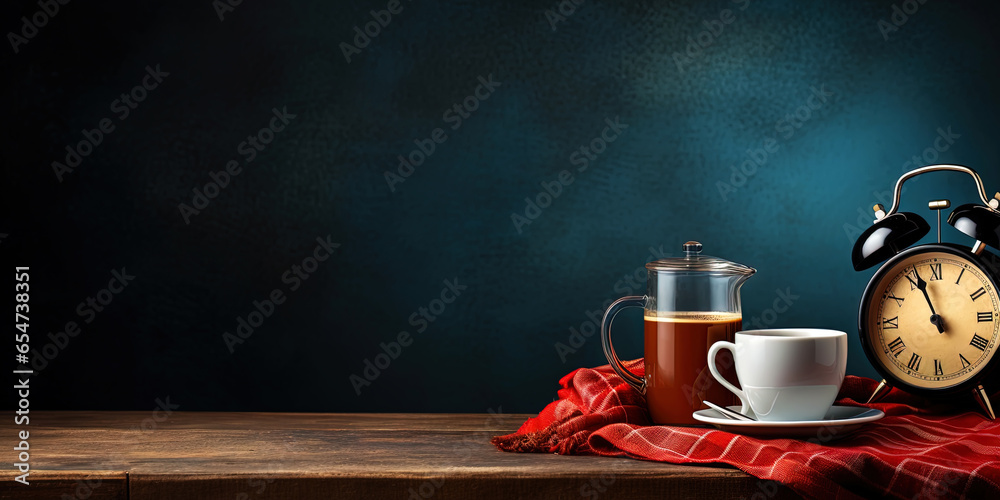 Vintage alarm clock and cup of coffee on the uniform dark backdrop with a copy space. Generative AI