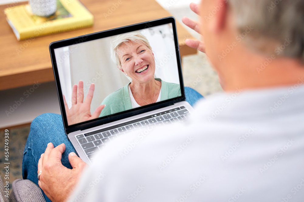 Laptop, couple or senior man on video call in house or home for conversation or communication. Screen, wave hello or mature person speaking or talking to a happy woman on technology or social media