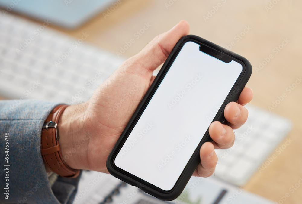 Screen, hands or businessman with phone or mockup on white background on social media for offer. Discount, closeup or person showing mobile app promo, website or online tech mock up space in office