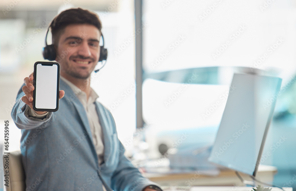 Screen, call center or happy man with phone or mockup on white background on social media for offer. Portrait, CRM or sales agent showing mobile app promo, website or online tech space menu in office