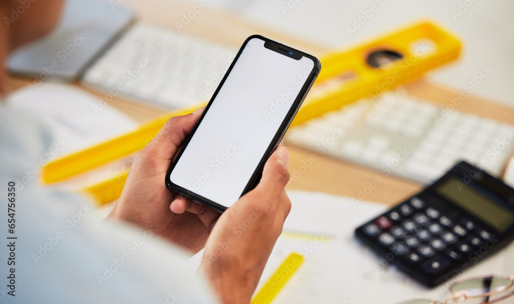 Engineer, closeup and man with a smartphone, mockup and typing with connection, research and network. Hands, architecture and person with a cellphone, social media and contact with chat and message