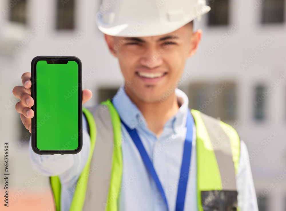 Engineering man, phone green screen and outdoor for contact information of architecture, renovation or design. Portrait, construction worker or builder and mobile app mockup or industrial advertising