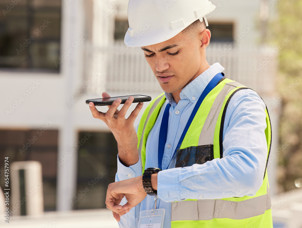 Engineer on construction site, phone call and checking watch for building schedule, inspection and maintenance. Architecture, communication and business man with cellphone looking at time on site.