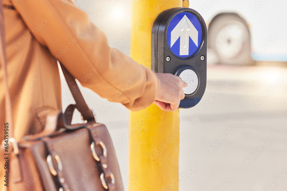 Press, commute and person cross road at traffic light for travel in street with outdoor pedestrian button on the road. Signal, sign and hand of female on symbol of crosswalk by robot in New York