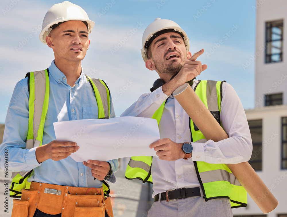 Industry, blueprint and team of construction workers in the city planning maintenance or repairs on rooftop. Engineering, discussion and men industrial employees in collaboration working on building.