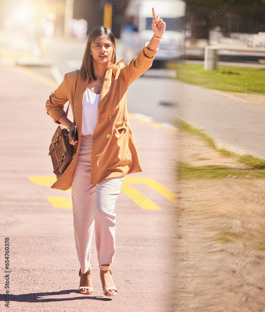 Woman, walking and wave to taxi in city for bus, cab or commute transportation and travel in cbd for business. Person, hand and sign to call attention of taxicab driver, service or passenger in town