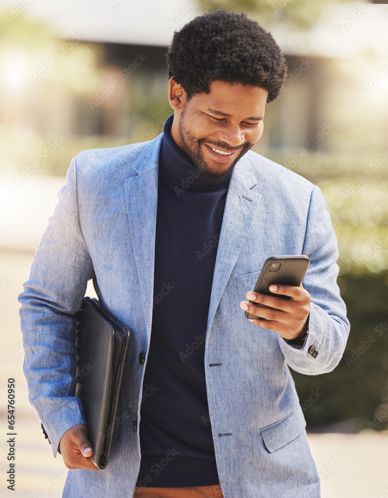 Business, city and black man with a cellphone, typing and walking with a smile, contact and connection. African person, consultant and entrepreneur outdoor, smartphone and employee with email and app