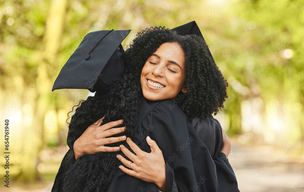 Support, graduation and women outdoor, hug and happiness with celebration, diploma and degree. People, students and friends embrace, education and outside with excellence, achievement and university