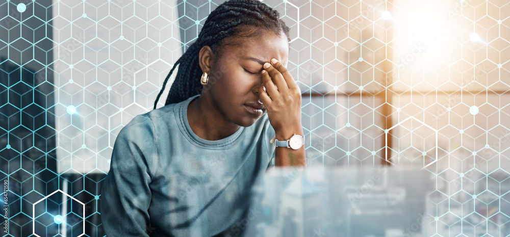 Business woman, headache and stress on computer for network mistake, coding and grid or data overlay. Sad employee or programmer with depression, fatigue or frustrated for integration software fail