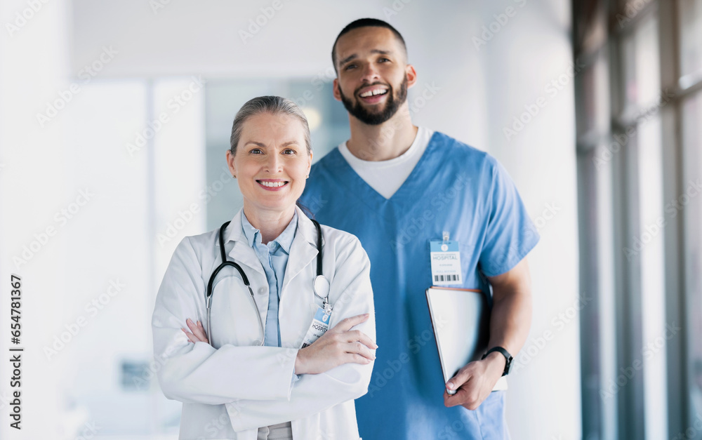 Doctors, collaboration and smile in portrait for healthcare, patient results and paperwork or documents in hospital and clinic. Diversity in team, health and medical by mature woman with arms crossed