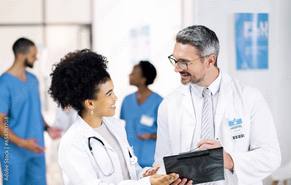 Doctors, people and checklist for teamwork, medical results and mentor planning or talking of hospital or clinic. Healthcare worker, student or nurse with manager writing for notes or charts