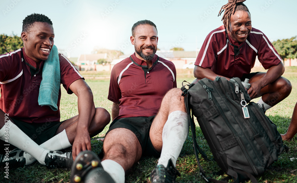 Fitness, people and rugby players on a break at training for planning strategy for game or match. Sports, group and athletes talking for team building and motivation on an outdoor field for practice.