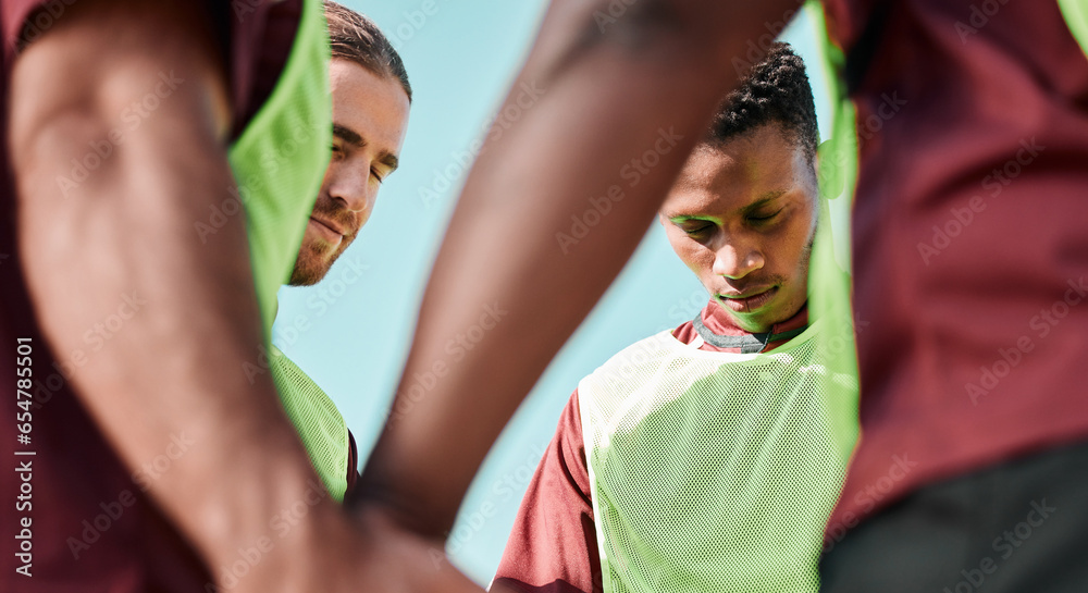 Team, players and praying for match in sports with hands, together and unity for support, help or win. Diverse group, people or friends with determination for game, competition or goal for victory