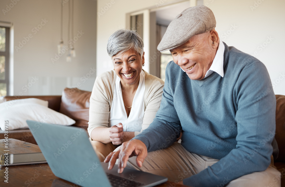 Senior couple, laptop and home living room with reading, smile or excited for streaming movie on sofa. Elderly woman, old man and computer with scroll, click or funny video on social media with smile