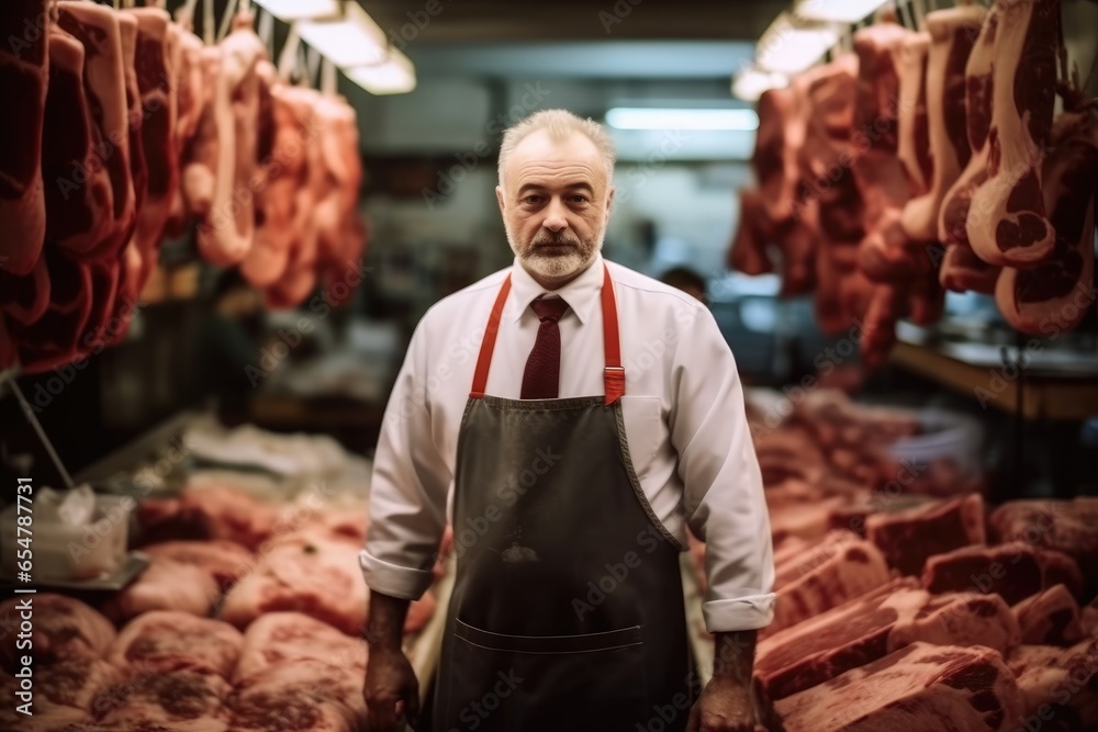 Butcher working behind counter in butchery.