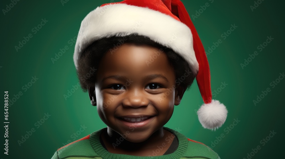 African little boy wearing Santa hat isolated on bright green background.